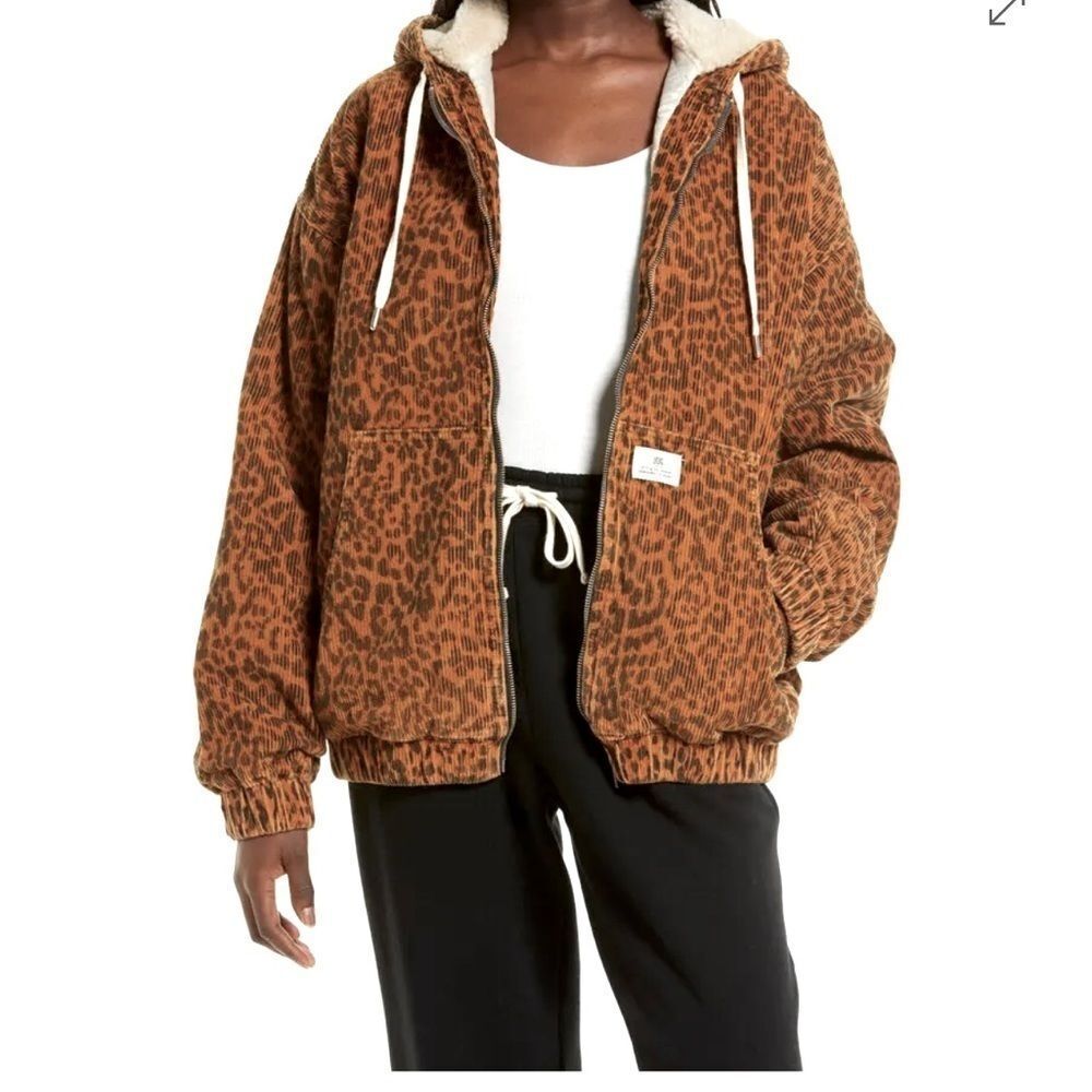 BDG Brown Leopard Print Sherpa-Lined Zip Hoodie Jacket